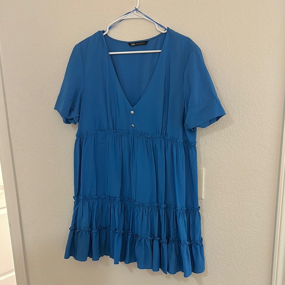 Blue Short Sleeve Tiered Dress